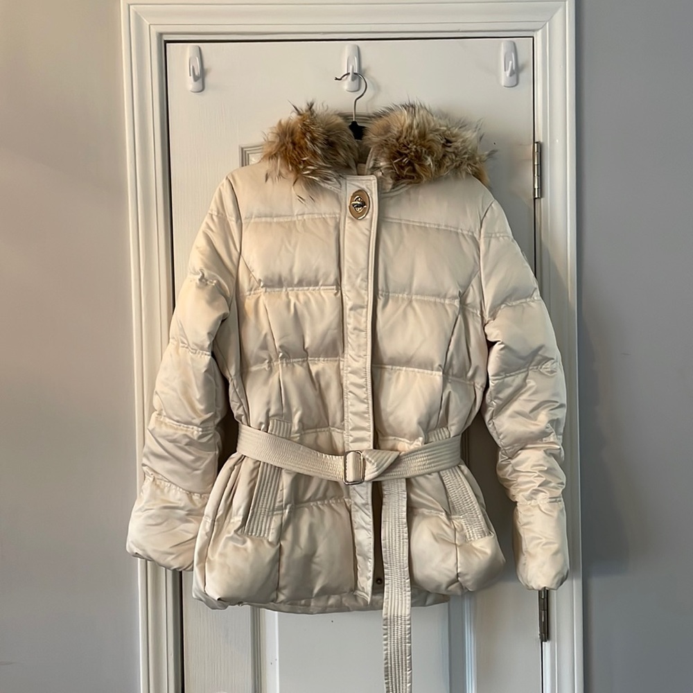 Coach Puffer Down Hooded Winter Coat with coyote fur champaign cream color